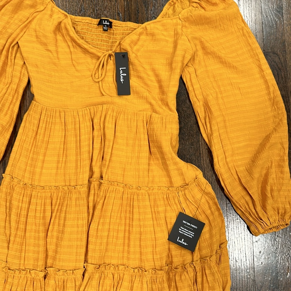 NWT- LULUs Tender Memories Yellow Tiered Ruffled Balloon Sleeve Mini Dress. L - Picture 13 of 13